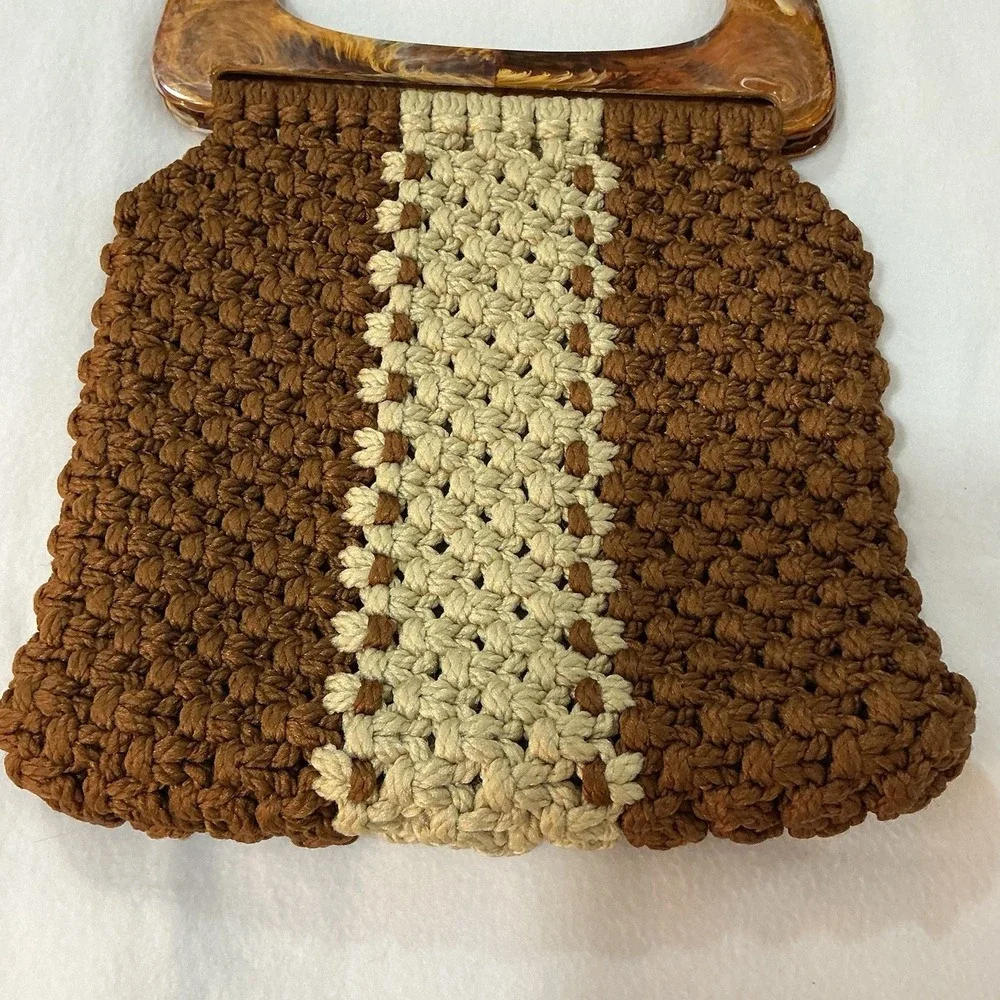 Vtg 70s Macrame Handbag Artisan Lucite Handle Brown Cream Lined Handmade Resort
